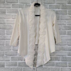 Eci New York Open Front Cardigan Sweater Rose Motif Off White Med